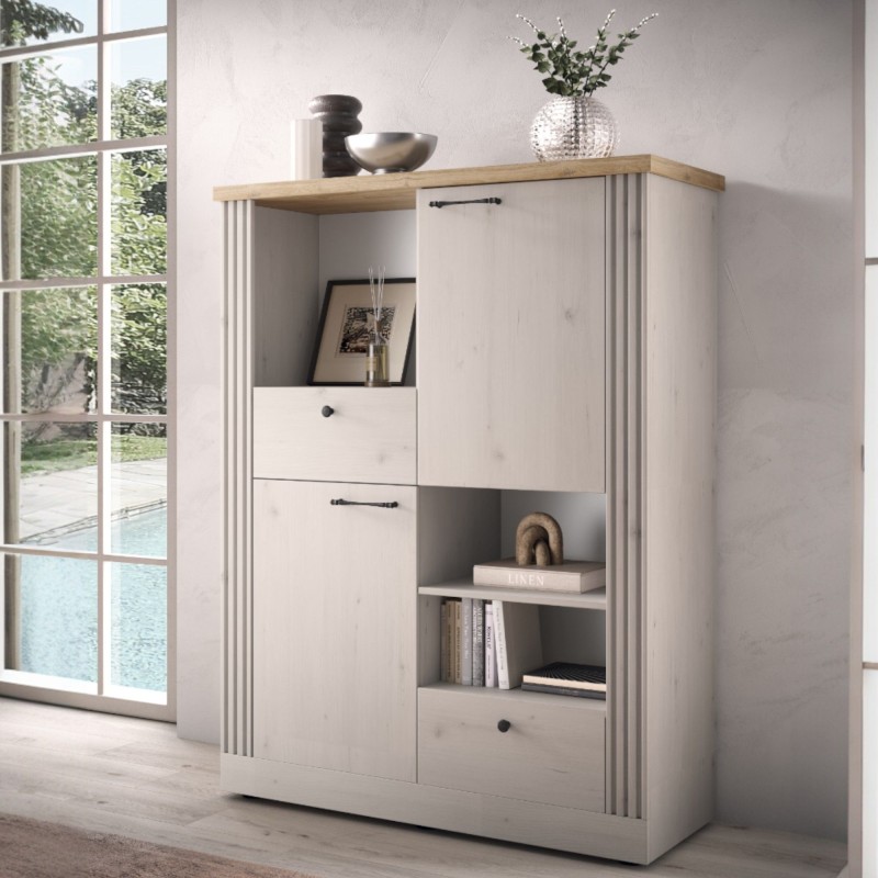 Mobile contenitore 118×160×44 rovere meringa con 2 ante, 2 cassetti e 6 ripiani - Grove