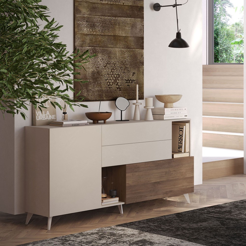 Madia 180×94×42 colore beige e rovere scuro con ante e vani contenitori - Riviera