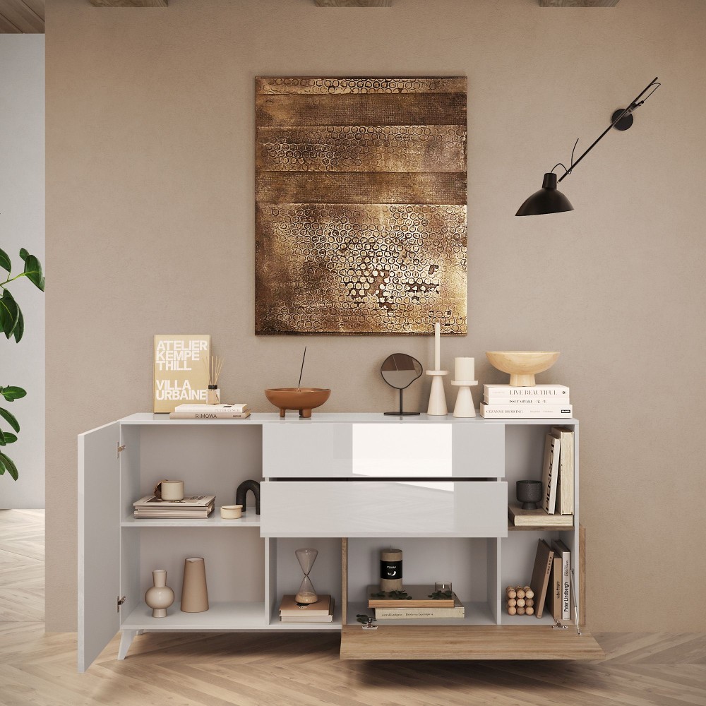 Madia 180×94×42 colore bianco e rovere chiaro per ambienti eleganti - Riviera