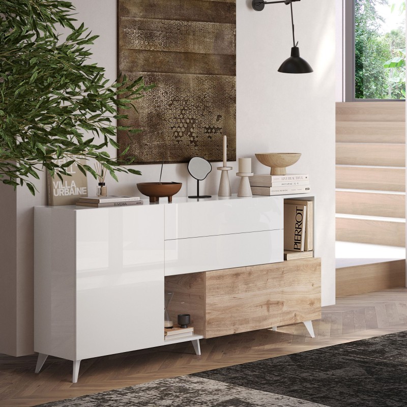 Madia 180×94×42 colore bianco e rovere chiaro per ambienti eleganti - Riviera
