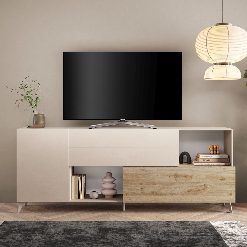 Madia 240×94×42 colore beige e rovere chiaro per soggiorno elegante - Riviera