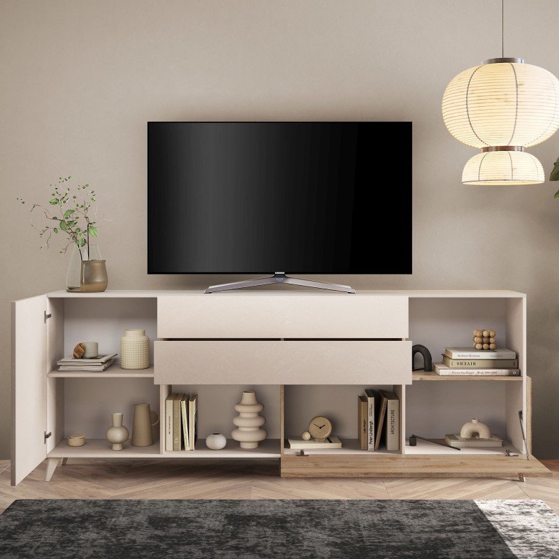 Madia 240×94×42 colore beige e rovere chiaro per soggiorno elegante - Riviera