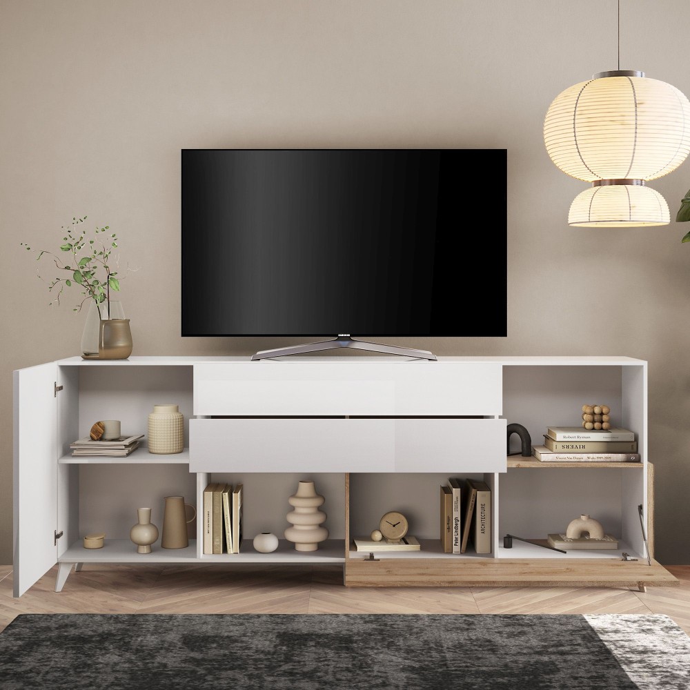 Madia 240×94×42 colore bianco e rovere chiaro per zona giorno moderna - Riviera