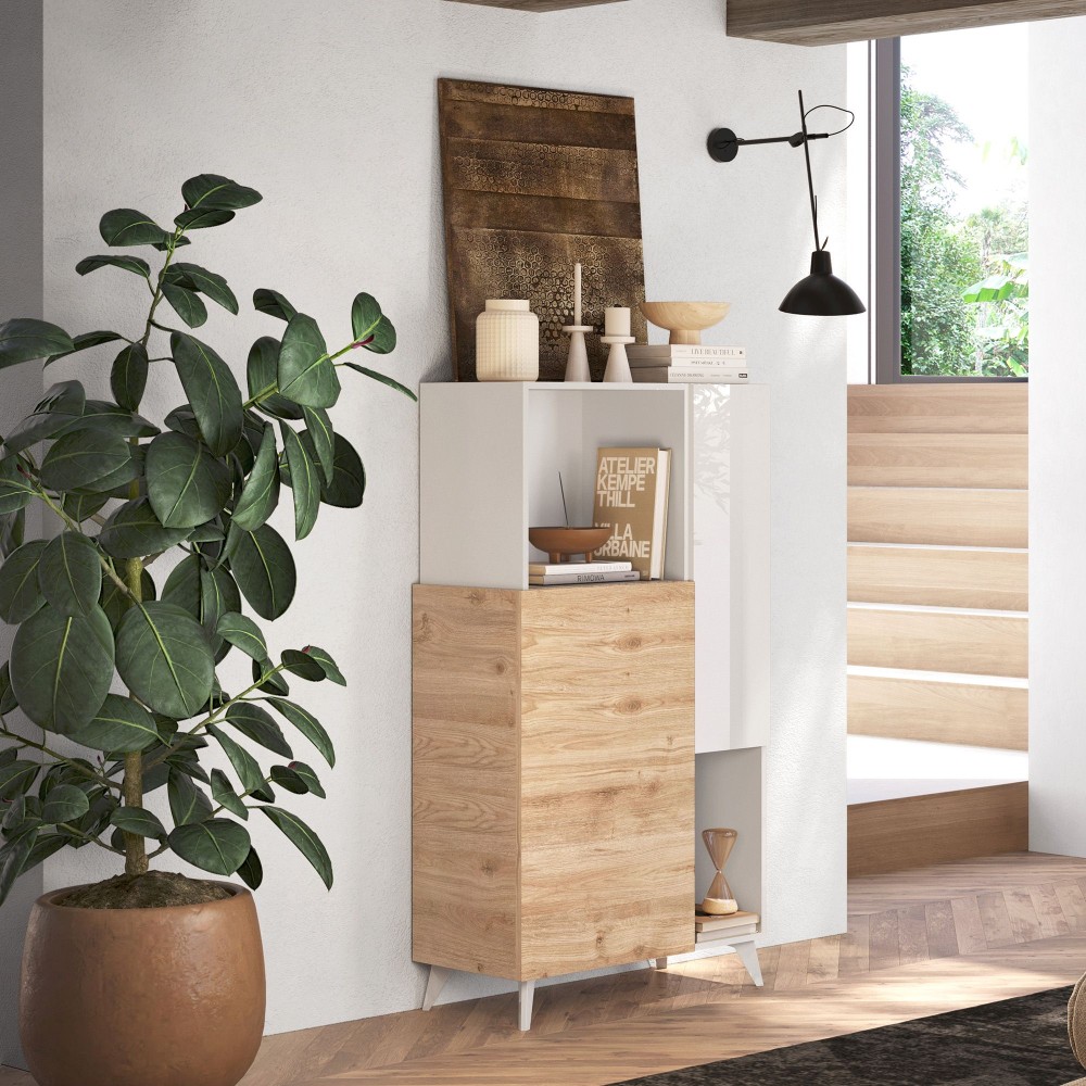 Contenitore 2 ante 81×154×42 bianco lucido e rovere chiaro per spazi verticali eleganti - Riviera