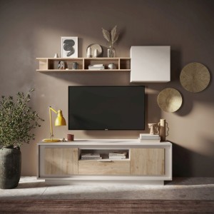 Base TV 184×58×50 cashmere e Cadiz Oak con 2 ante e 1 cassetto - Sky