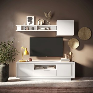 Base TV 184×58×50 bianco opaco con 2 ante e 1 cassetto - Sky