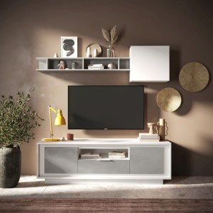 Base TV 184×58×50 bianco opaco e cemento con 2 ante e 1 cassetto - Sky
