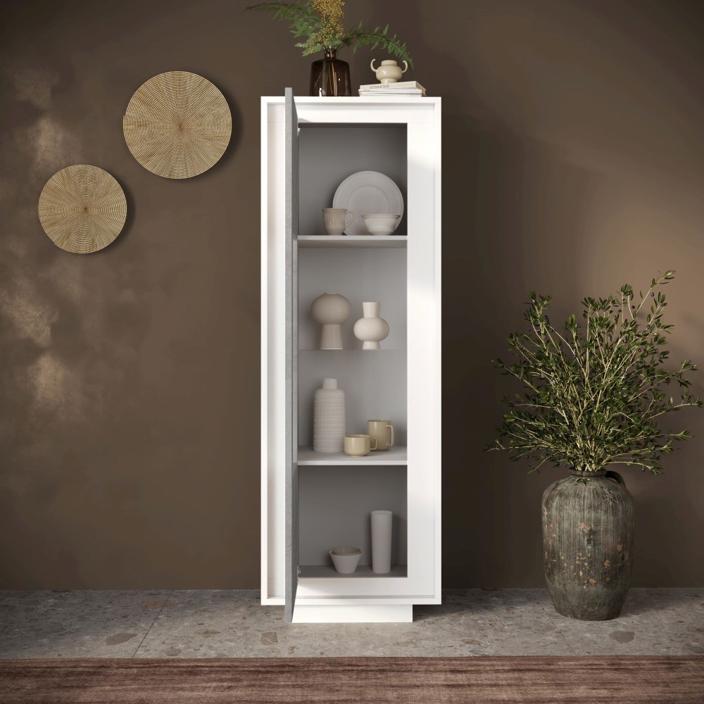 Vetrina 67×197×40 bianco opaco e cemento con anta in vetro - Sky