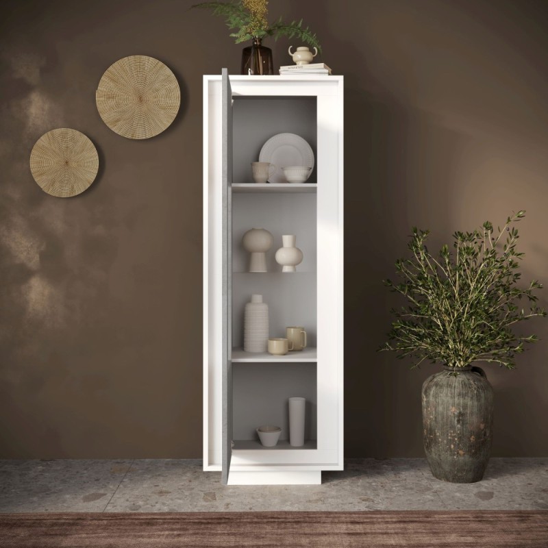 Vetrina 67×197×40 bianco opaco e cemento con anta in vetro - Sky