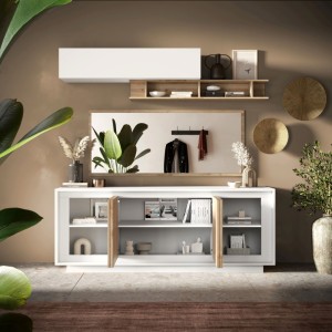 Madia 207×80×50 bianco opaco e Cadiz Oak con 4 ante - Sky