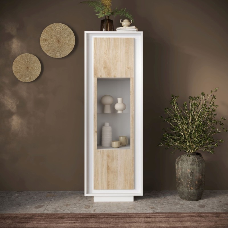 Vetrina 67×197×40 bianco opaco e Cadiz Oak con anta in vetro - Sky