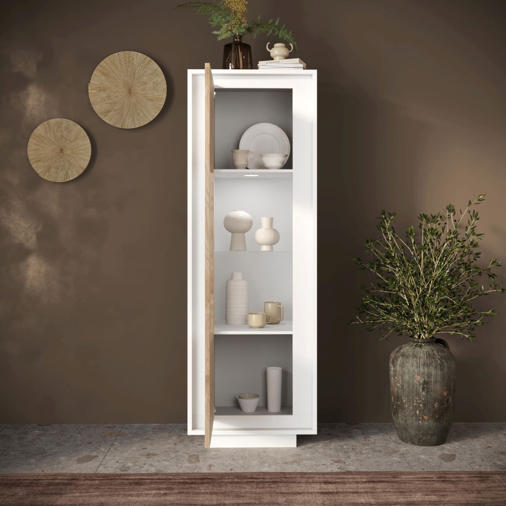 Vetrina 67×197×40 bianco opaco e Cadiz Oak con anta in vetro - Sky