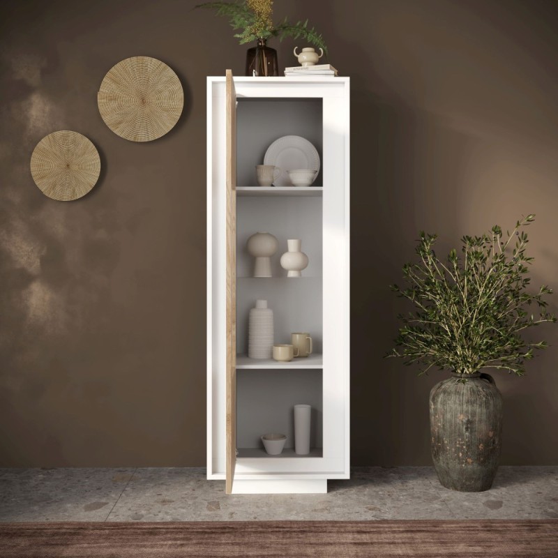Vetrina 67×197×40 bianco opaco e Cadiz Oak con anta in vetro - Sky