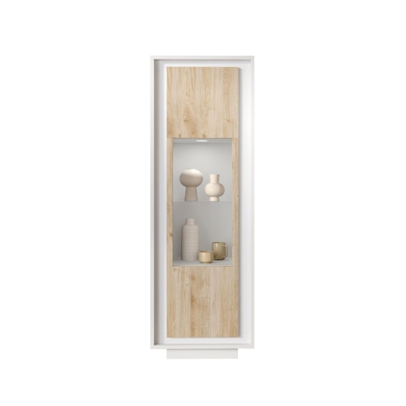 Vetrina 67×197×40 bianco opaco e Cadiz Oak con anta in vetro - Sky