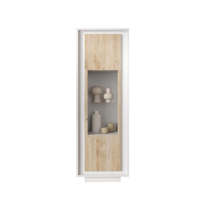 Vetrina 67×197×40 bianco opaco e Cadiz Oak con anta in vetro - Sky
