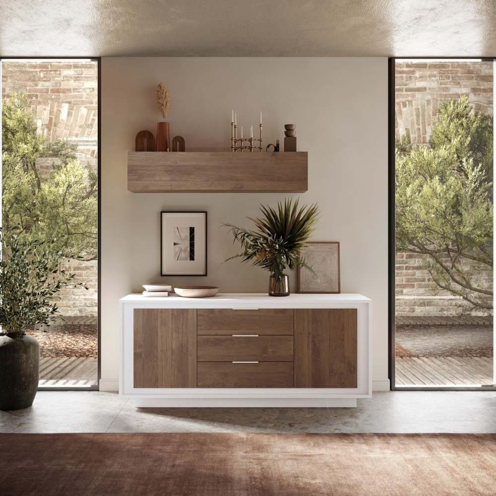 Madia 184×80×50 bianco opaco e Mercure Oak con 2 ante e 3 cassetti - Sky
