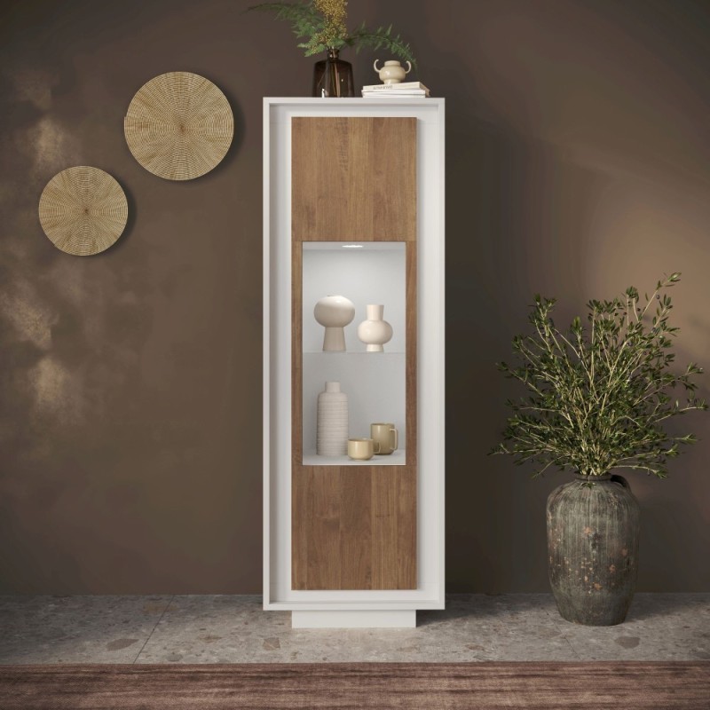 Vetrina 67×197×40 bianco opaco e Mercure Oak con anta in vetro - Sky