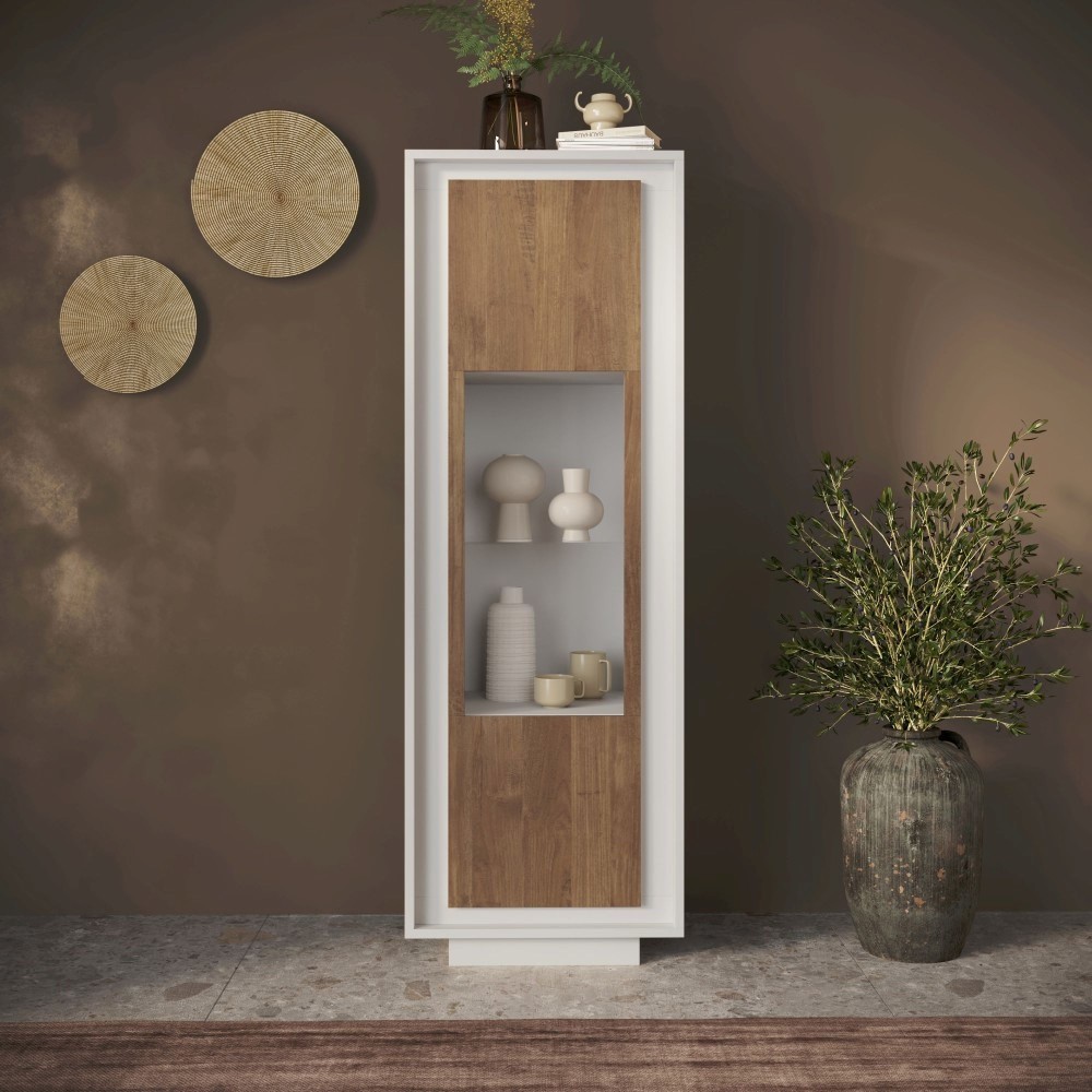 Vetrina 67×197×40 bianco opaco e Mercure Oak con anta in vetro - Sky