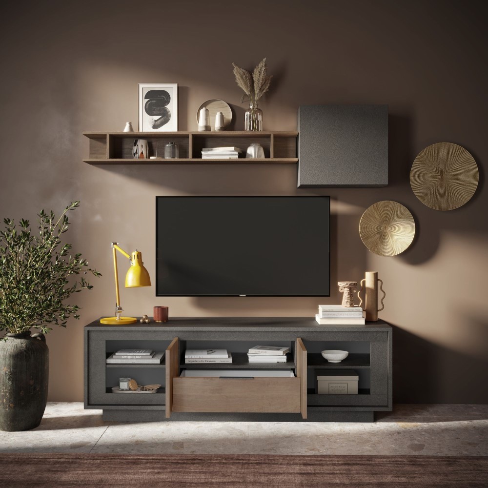Base TV 184×58×50 lava con 2 ante e 1 cassetto centrale in Mercure Oak - Sky 2