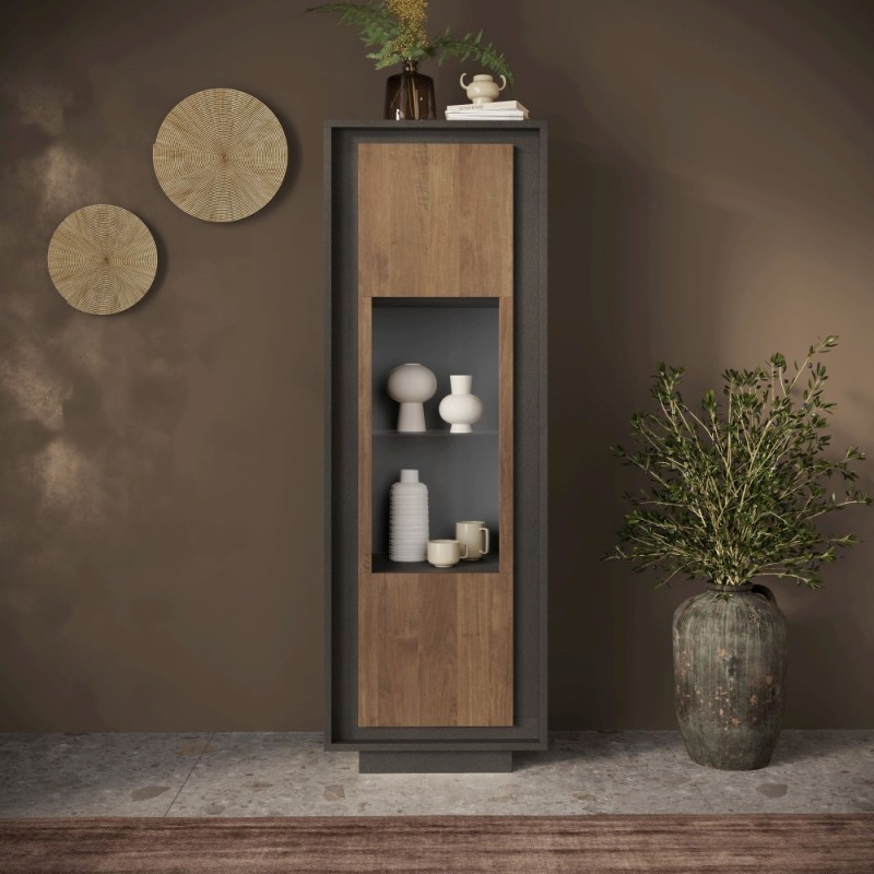 Vetrina 67×197×40 lava con anta in vetro e fondo Mercure Oak - Sky
