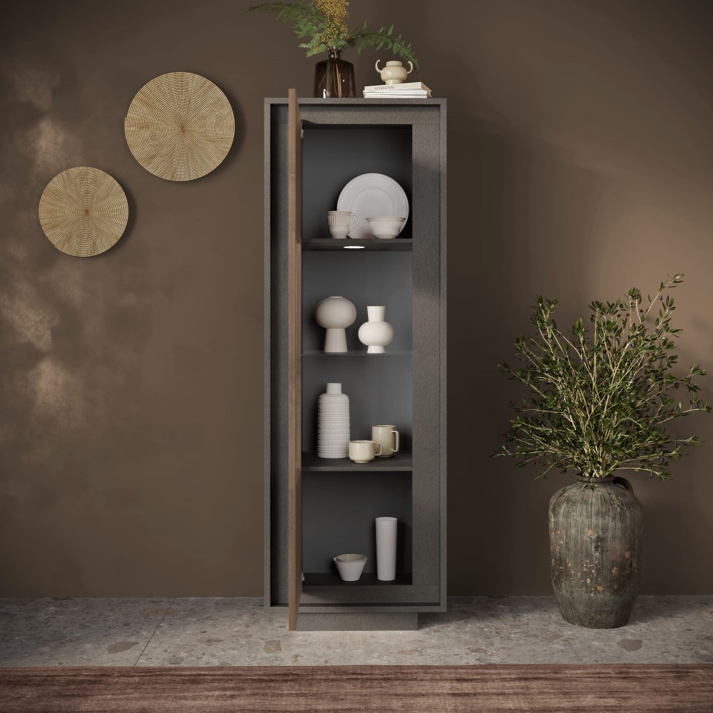 Vetrina 67×197×40 lava con anta in vetro e fondo Mercure Oak - Sky
