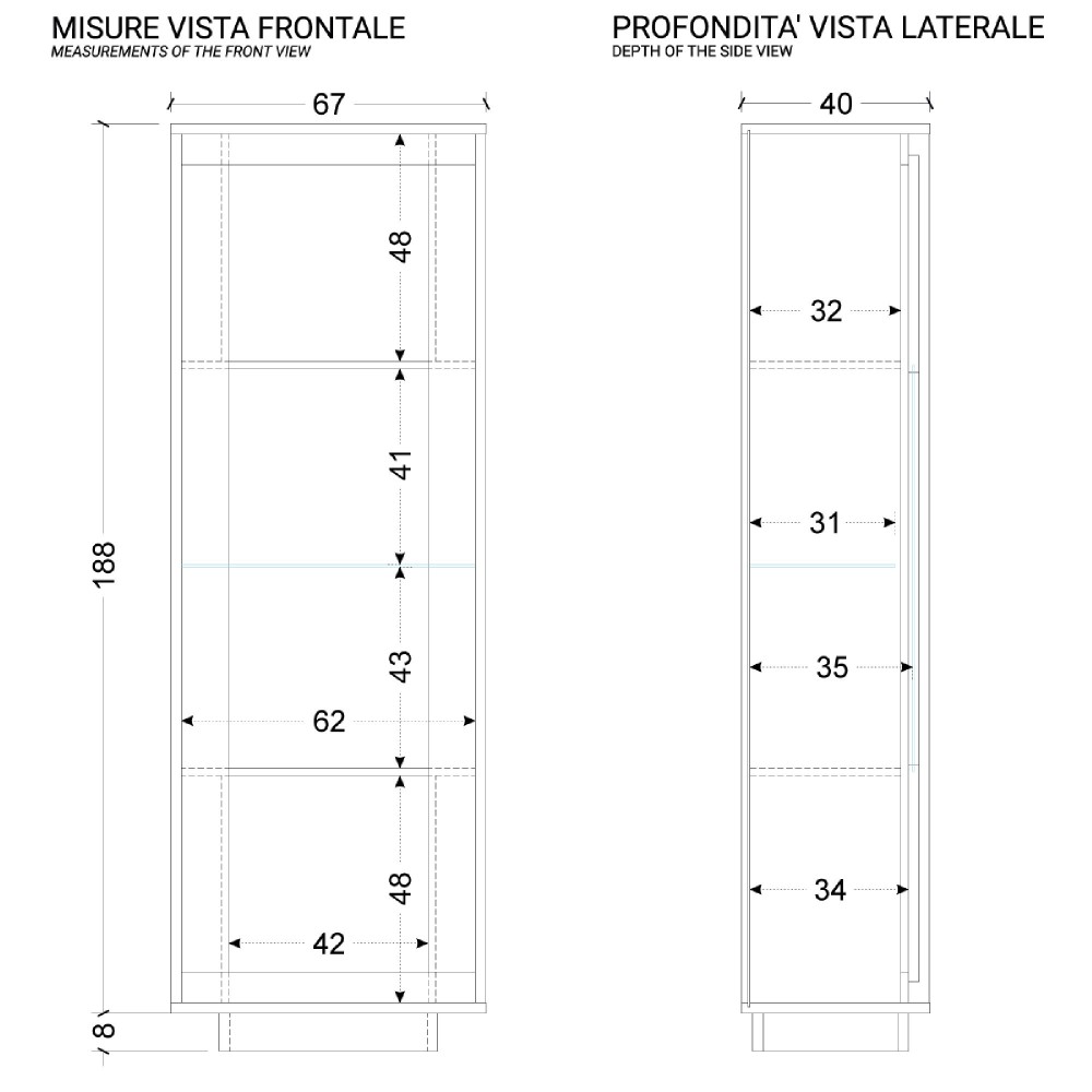 Vetrina 67×197×40 lava con anta in vetro e fondo Mercure Oak - Sky