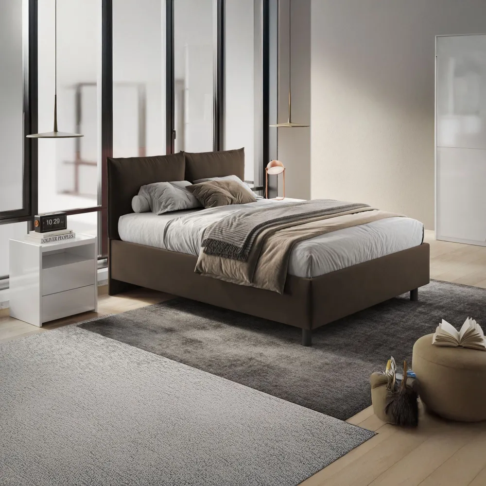 Letto matrimoniale 160x190 cm imbottito e rivestito in velluto Cioccolato con contenitore - Brezza