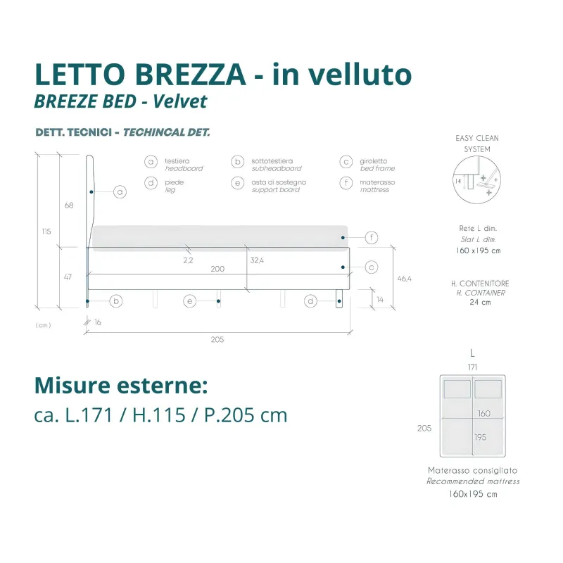 Letto matrimoniale 160x190 cm imbottito e rivestito in velluto Cioccolato con contenitore - Brezza