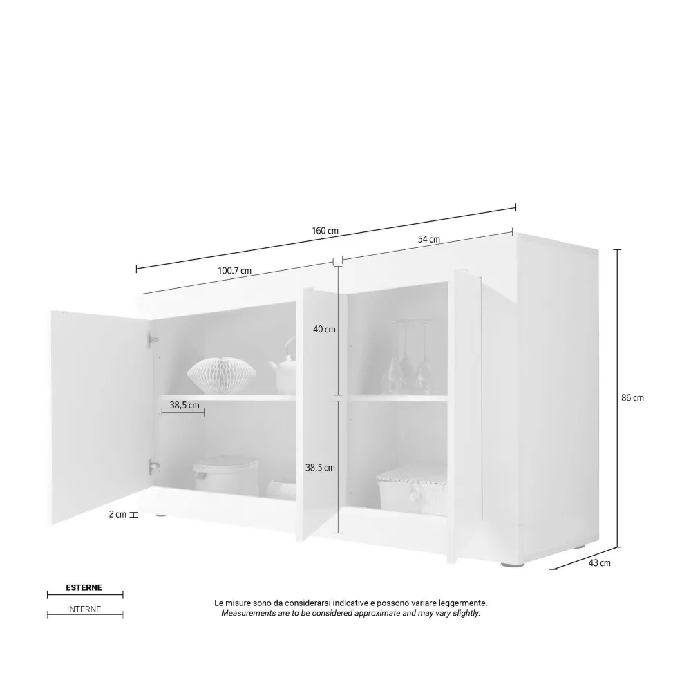 Credenza 160x86x43 cm Bianco Lucido Moderna Due Ante - Basic