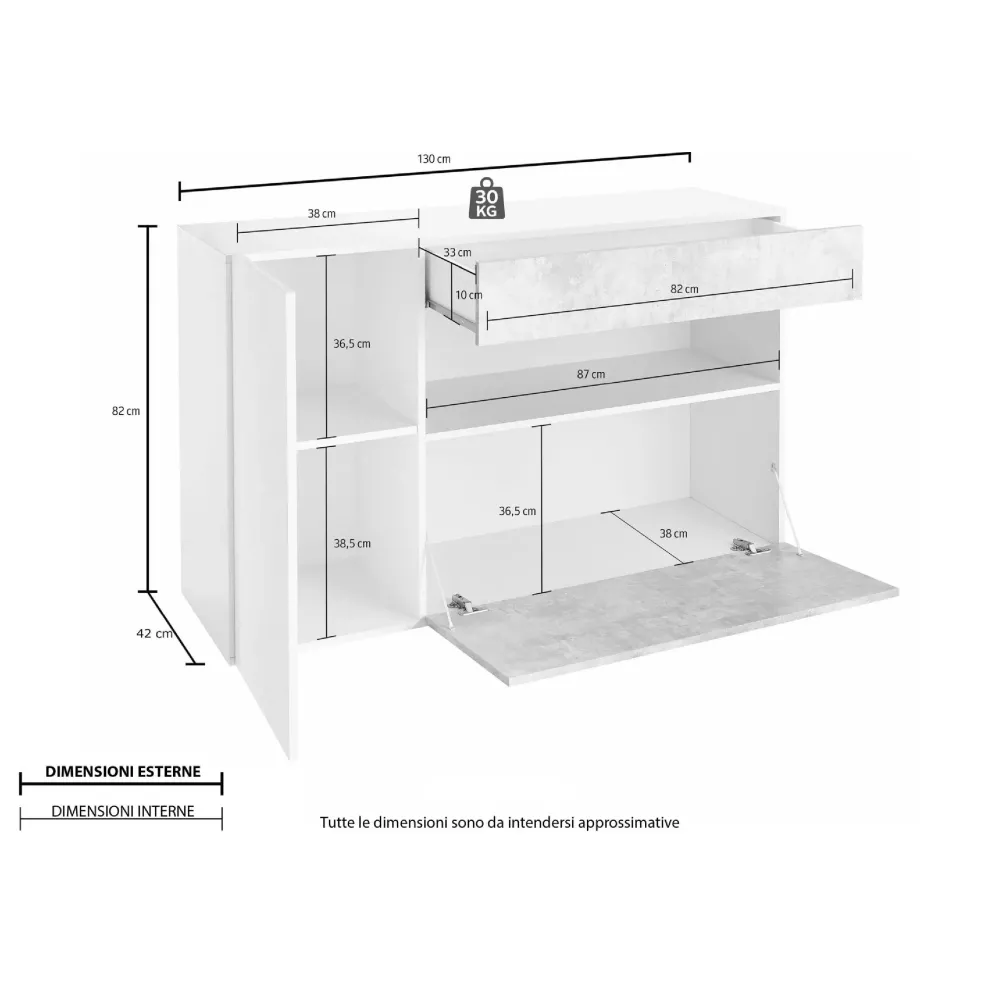 Madia 130x82x41 cm Bianco Opaco Design Moderno Soggiorno - Nice