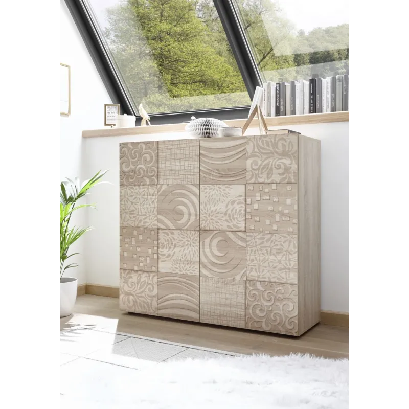 Credenza 121x111 cm Grigio Lucido Ante Battente Decorazioni Tridimensionali - Miro