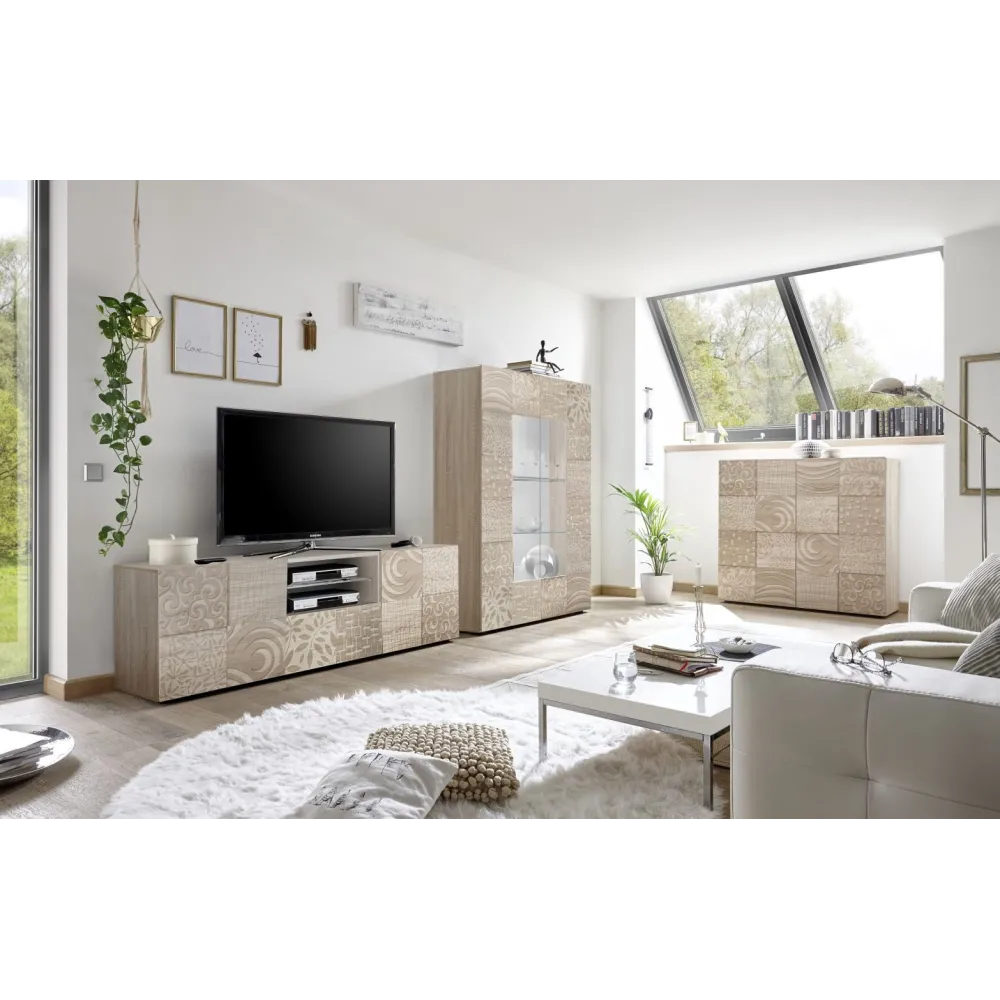 Credenza 121x111 cm Grigio Lucido Ante Battente Decorazioni Tridimensionali - Miro