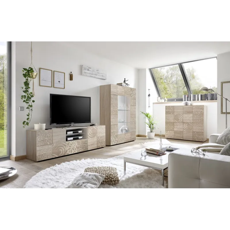 Credenza 121x111 cm Grigio Lucido Ante Battente Decorazioni Tridimensionali - Miro
