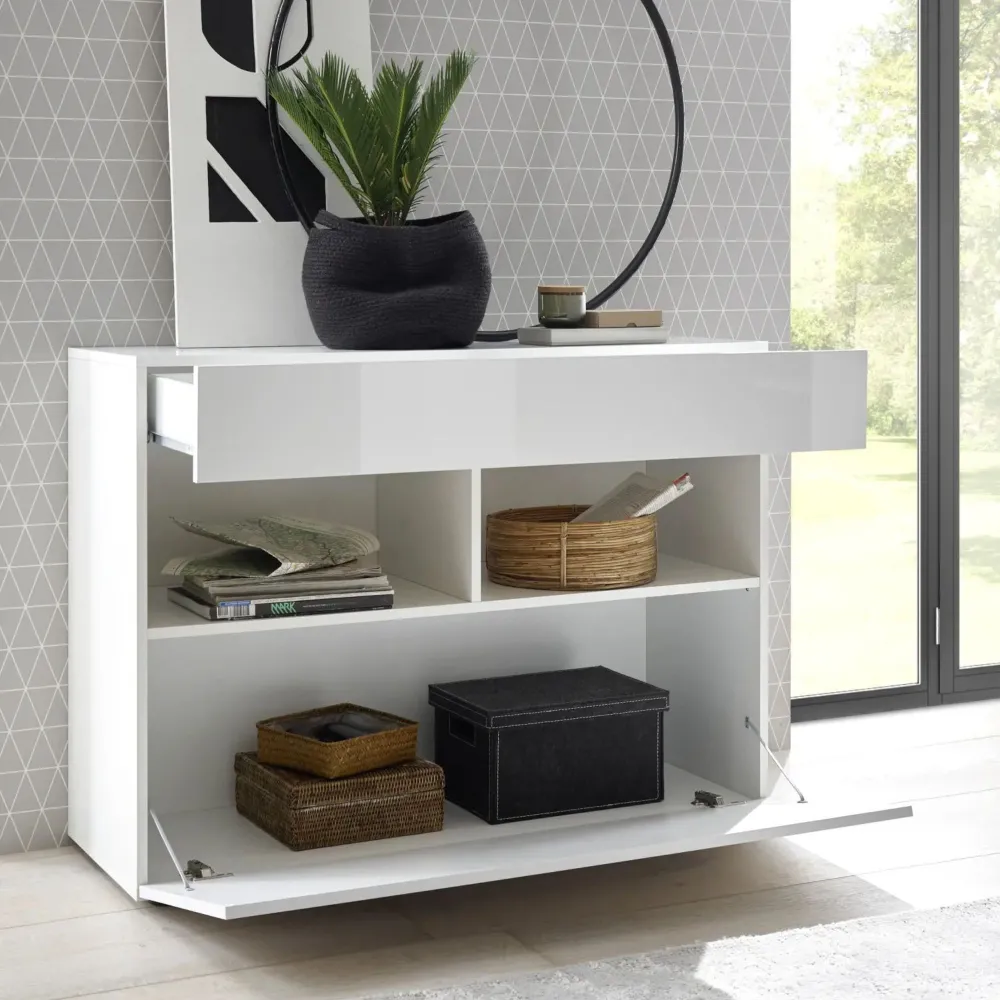 Credenza 111x82x42 cm Bianco Laccato Lucido Moderna con Cassetto e Anta Ribalta - Sorano