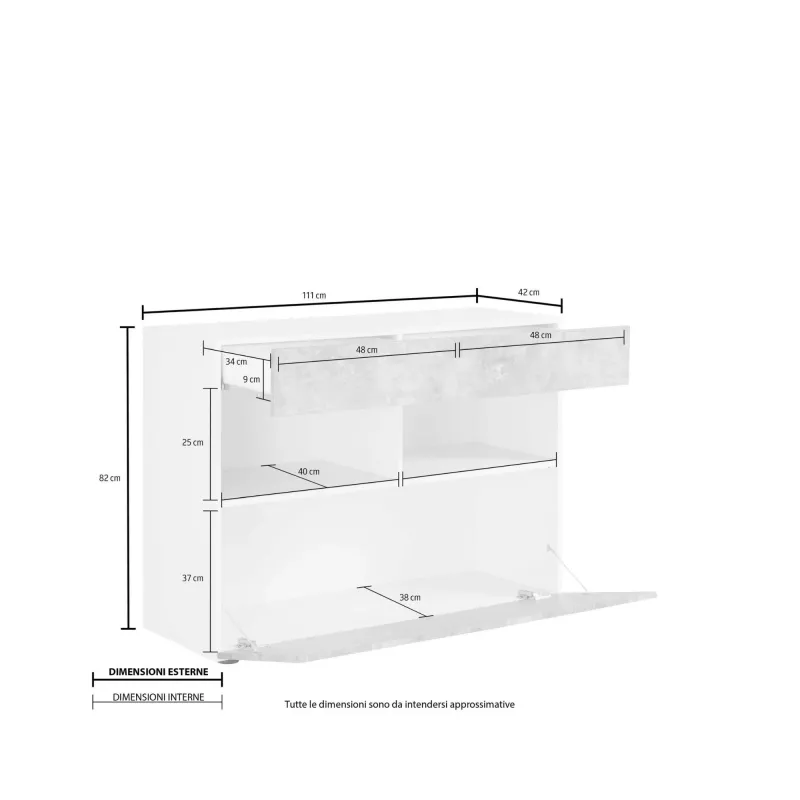 Credenza 111x82x42 cm Bianco Laccato Lucido Moderna con Cassetto e Anta Ribalta - Sorano