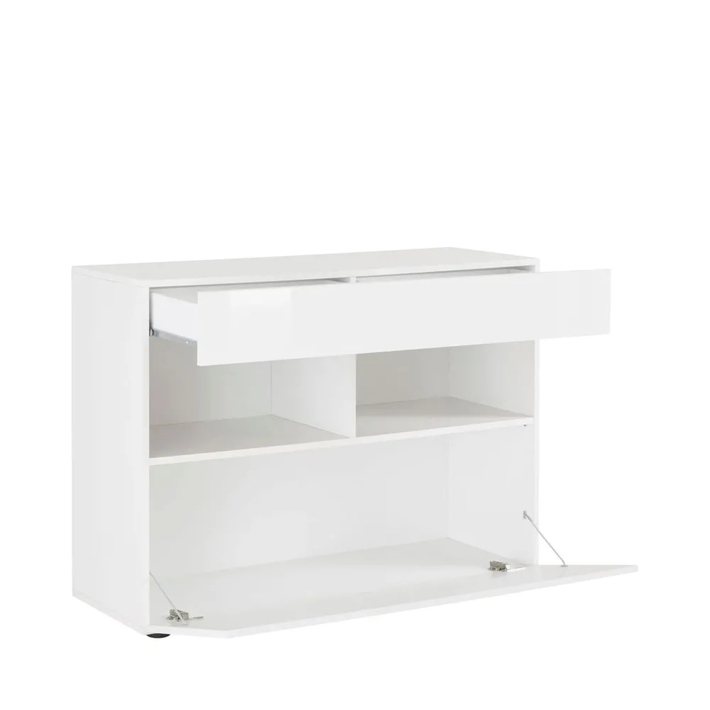 Credenza 111x82x42 cm Bianco Laccato Lucido Moderna con Cassetto e Anta Ribalta - Sorano