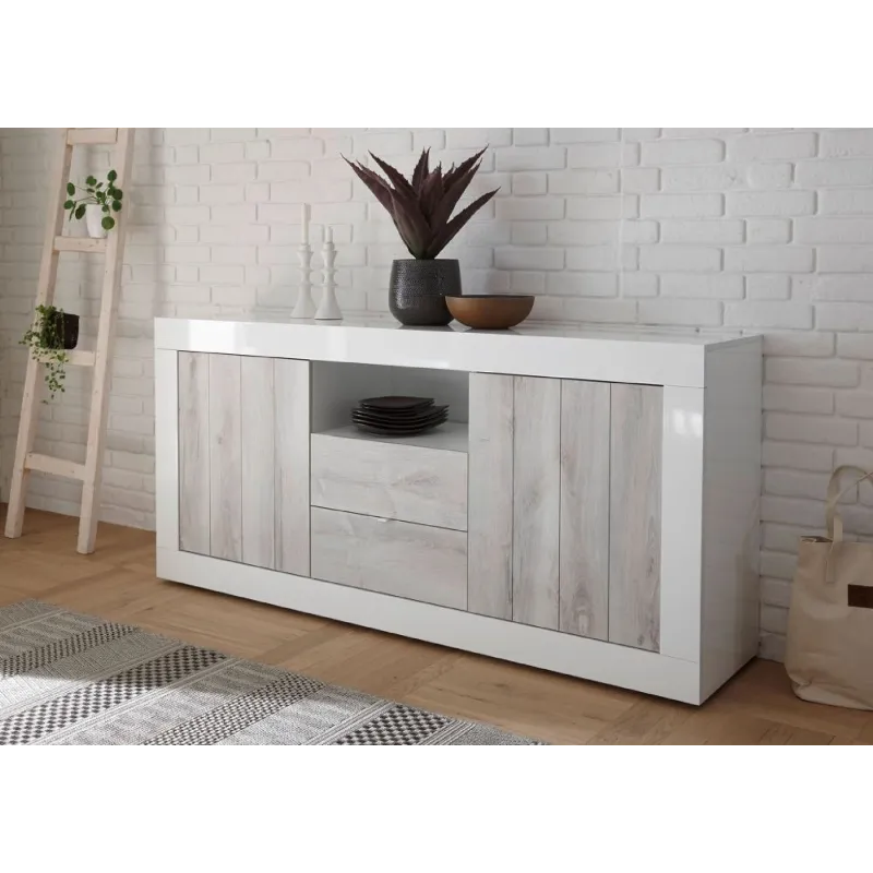 Madia 184x42 cm Bianco Laccato Lucido Design Contemporaneo con Ante Dogate e Cassetti Venati per Soggiorno - Urbino