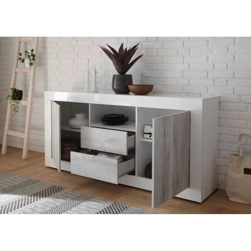 Madia 184x42 cm Bianco Laccato Lucido Design Contemporaneo con Ante Dogate e Cassetti Venati per Soggiorno - Urbino