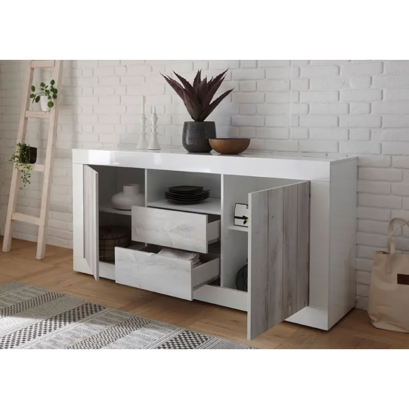 Madia 184x42 cm Bianco Laccato Lucido Design Contemporaneo con Ante Dogate e Cassetti Venati per Soggiorno - Urbino