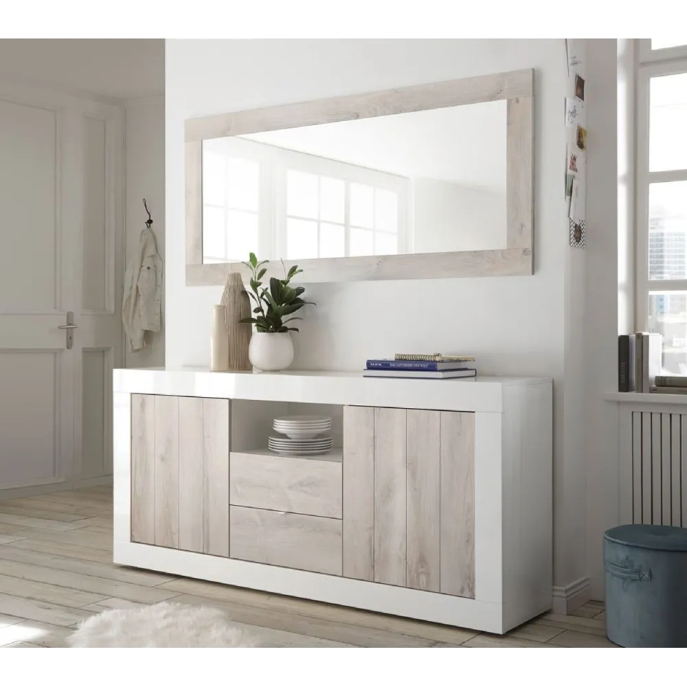 Madia 184x42 cm Bianco Laccato Lucido Design Contemporaneo con Ante Dogate e Cassetti Venati per Soggiorno - Urbino