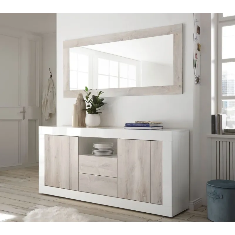 Madia 184x42 cm Bianco Laccato Lucido Design Contemporaneo con Ante Dogate e Cassetti Venati per Soggiorno - Urbino