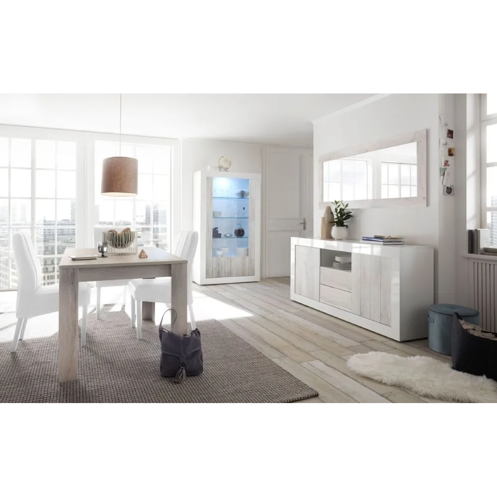 Madia 184x42 cm Bianco Laccato Lucido Design Contemporaneo con Ante Dogate e Cassetti Venati per Soggiorno - Urbino