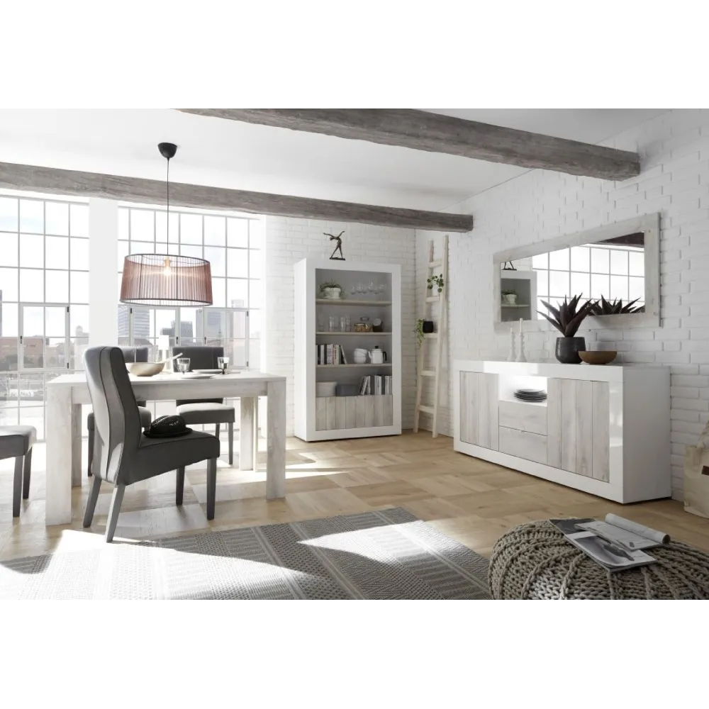 Madia 184x42 cm Bianco Laccato Lucido Design Contemporaneo con Ante Dogate e Cassetti Venati per Soggiorno - Urbino