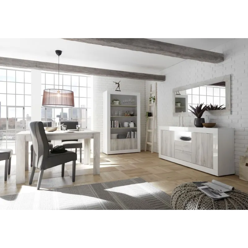 Madia 184x42 cm Bianco Laccato Lucido Design Contemporaneo con Ante Dogate e Cassetti Venati per Soggiorno - Urbino