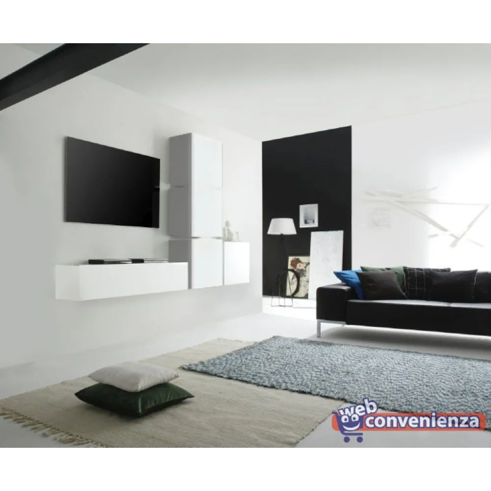 Parete Attrezzata 261x203 Noce Dark Modulare con Elemento Ribalta e Cubotti Bianchi Laccati - Infinity