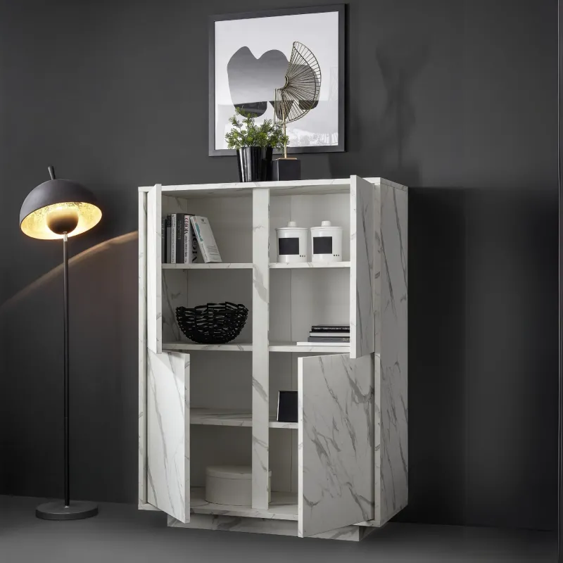 Credenza 92x43x145 cm Marmo Bianco Neoclassico 4 Ante Battenti - Carrara