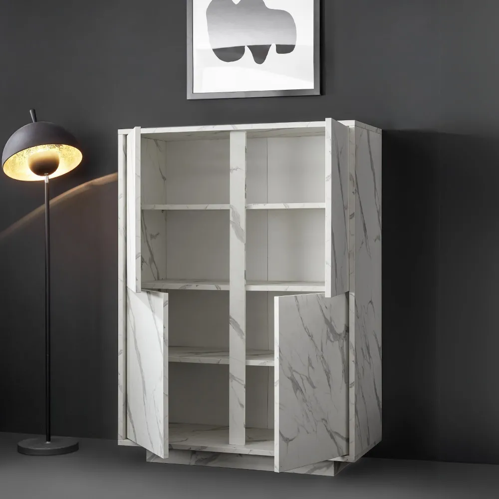 Credenza 92x43x145 cm Marmo Bianco Neoclassico 4 Ante Battenti - Carrara