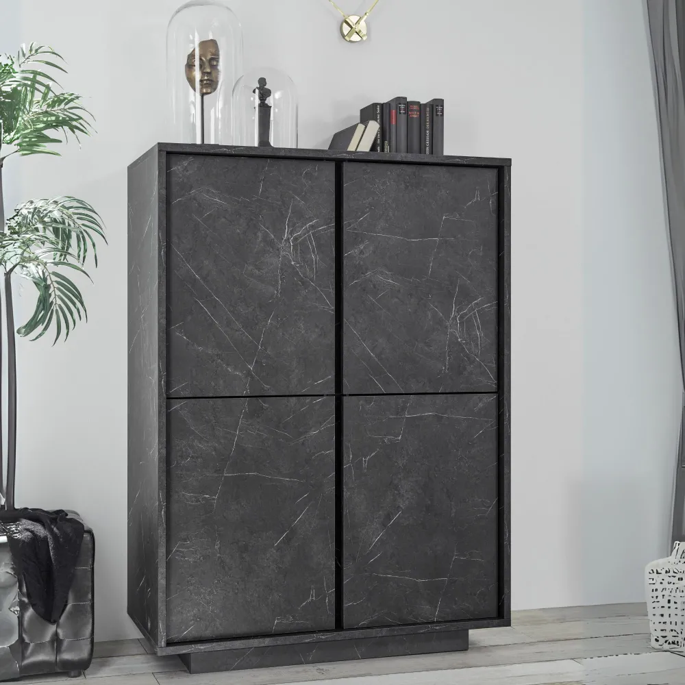 Credenza 92x43x145 cm Nero Marmo 4 Ante Battenti - Carrara