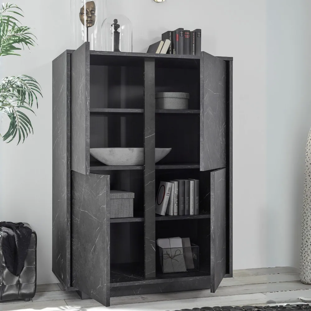 Credenza 92x43x145 cm Nero Marmo 4 Ante Battenti - Carrara
