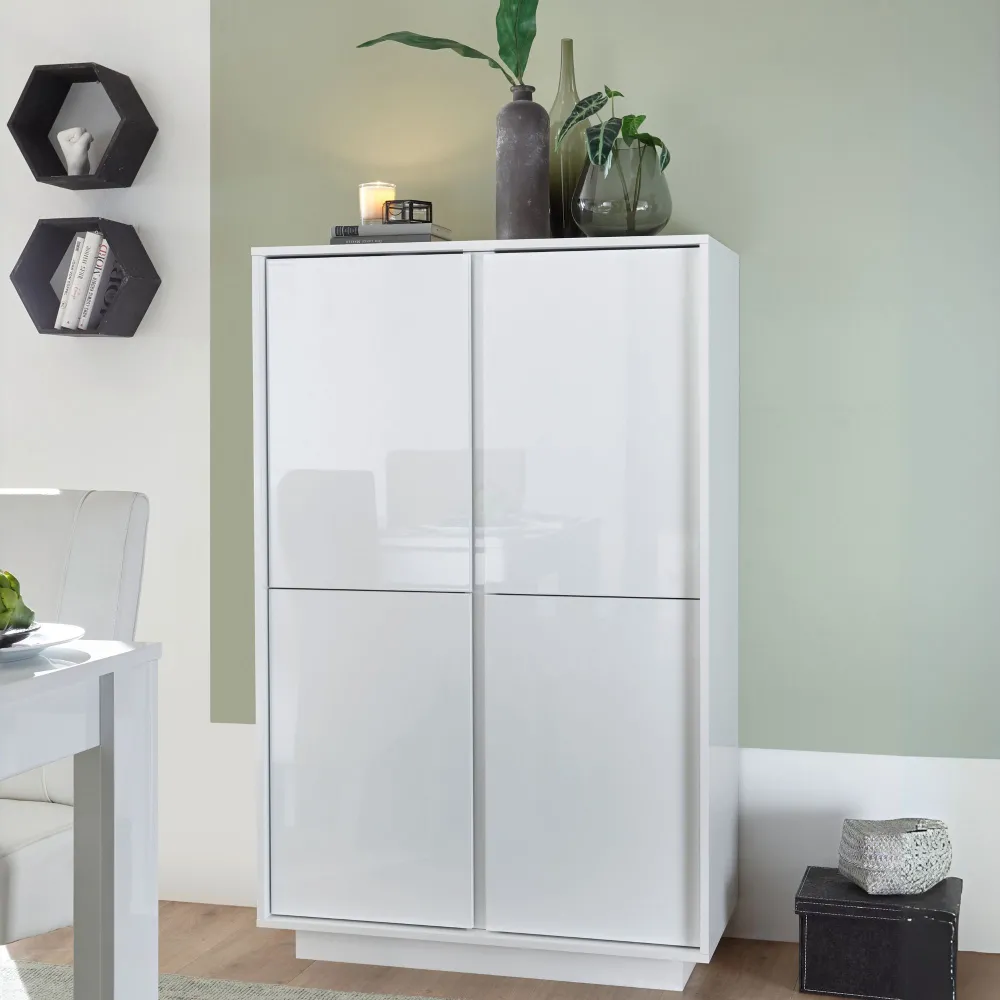 Credenza 92x43x145 cm Bianco Laccato Lucido 4 Ante Battenti Zona Living - Ice